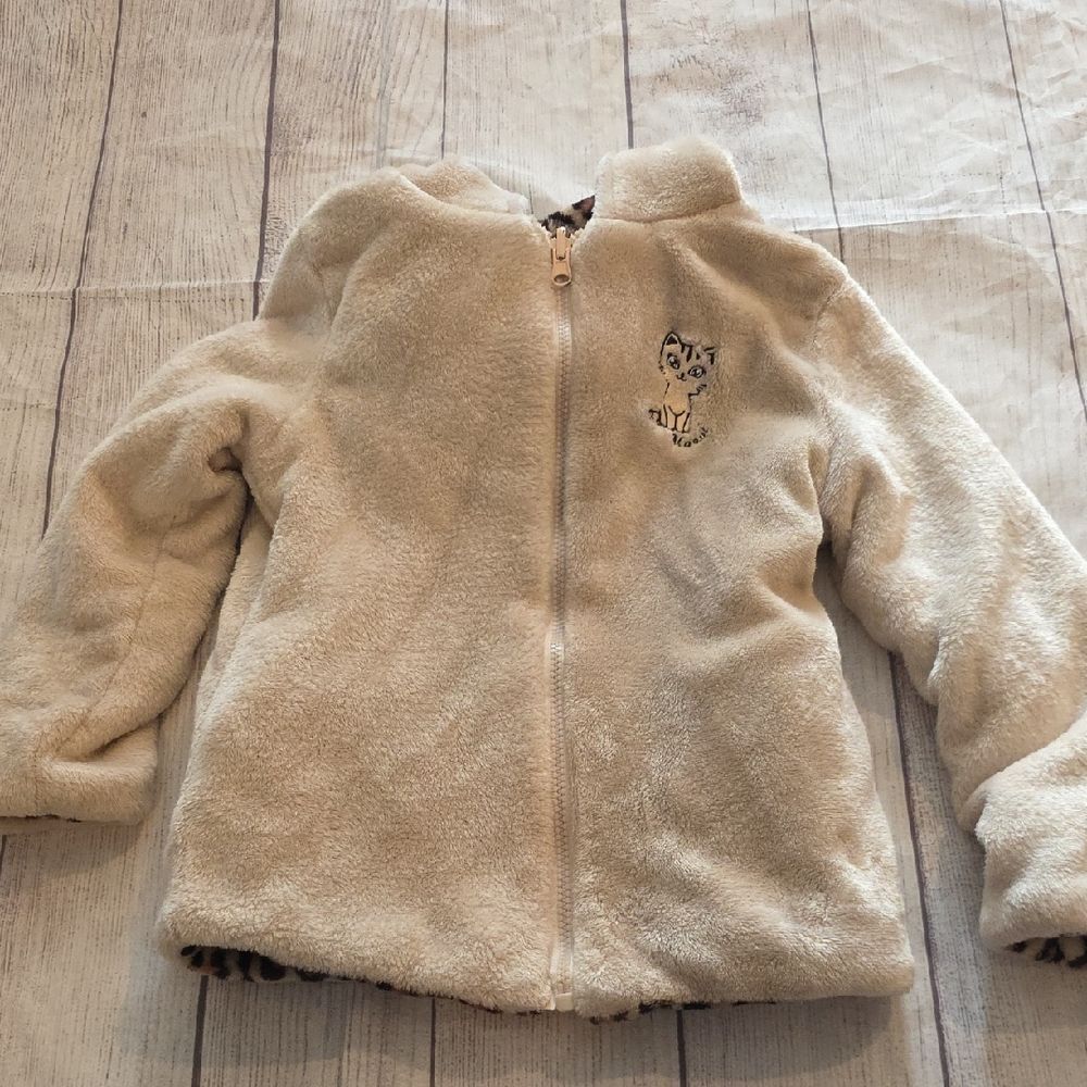 Kids Beige Fleece Jacket with Cat Design